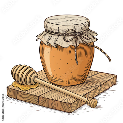 Vector Illustration of Honey Jar and Honey Stick on Wooden Table with Sweet Food Design