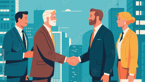 Business figures are shaking hands, negotiating cooperation and communicating. Flat vector illustration