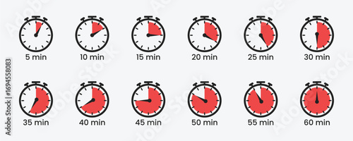 Stopwatch timer icon set with 5-minute intervals. Vector clock illustration for countdowns, cooking, sports, and UI design from 5 to 60 minutes