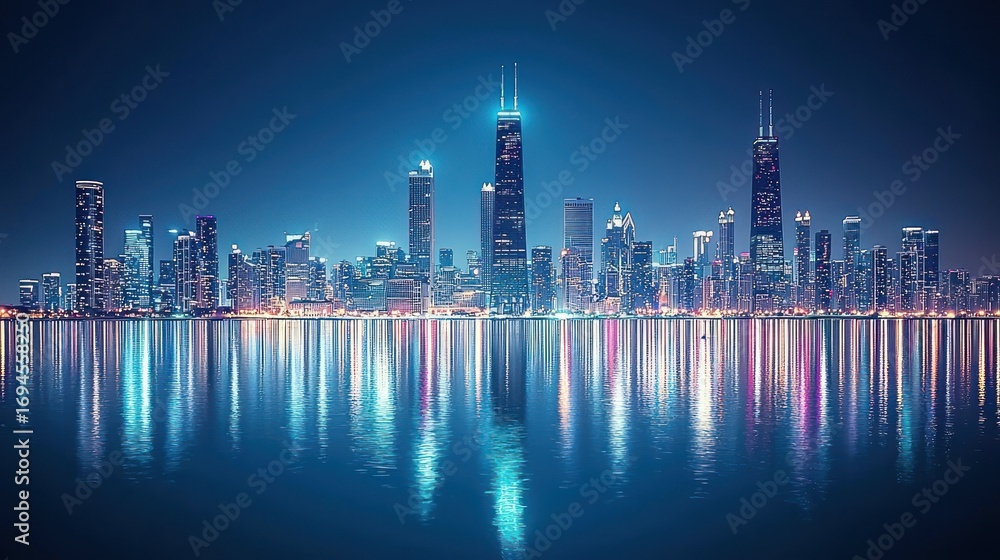 Naklejka premium Cityscape at night, vibrant reflections on water