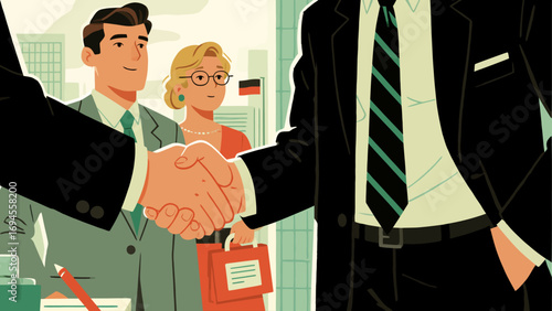 Business figures are shaking hands, negotiating cooperation and communicating. Flat vector illustration
