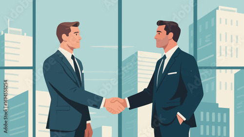 Business figures are shaking hands, negotiating cooperation and communicating. Flat vector illustration