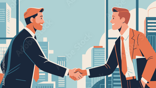 Business figures are shaking hands, negotiating cooperation and communicating. Flat vector illustration