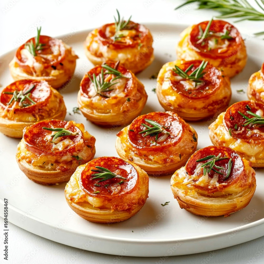 Fototapeta premium A tasty appetizer featuring mini pepperoni on a bed of herbs. 