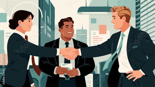 Business figures are shaking hands, negotiating cooperation and communicating. Flat vector illustration