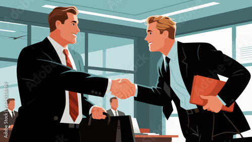 Business figures are shaking hands, negotiating cooperation and communicating. Flat vector illustration
