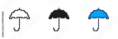 Pixelated Umbrella Icon Set. Rain and Weather Protection Symbol in Retro Pixel Art Style. Shelter and Coverage for Rain or Sun. Pixelated Design for Weather. Isolated Vector Illustration