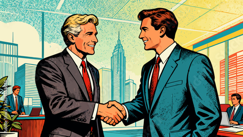 Business figures are shaking hands, negotiating cooperation and communicating. Flat vector illustration