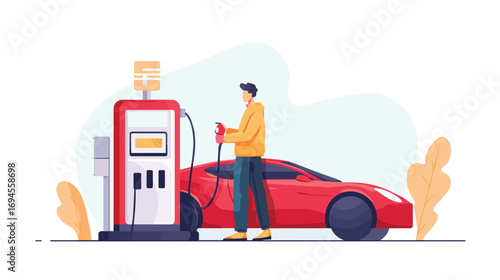 Driver filling vehicle with gasoline at service station, modern flat design vector illustration
