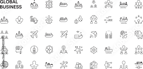 vector-illustration Global Business & Trade Line Icons – 40 Thin Outline International Commerce Symbols