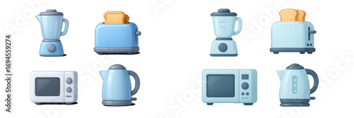 Set of essential household kitchen appliances for daily cooking and breakfast preparation in a clean, modern style