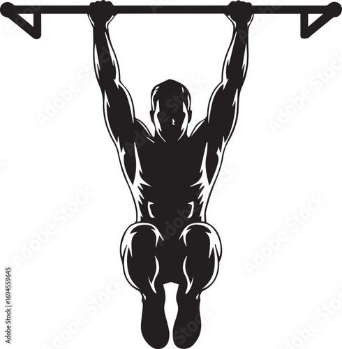 Strong athletic man silhouette performing pull ups strength training exercise fitness concept