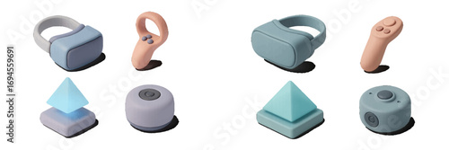 Abstract geometric forms and futuristic devices in soft pastel hues
