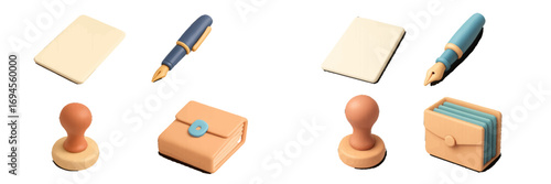 Office and stationery objects, pens, paper, stamps, and folders
