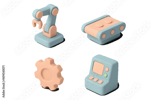 Isometric industrial automation and manufacturing technology with robotic arm conveyor belt gear and control panel
