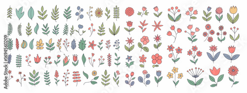 Assorted Hand- Drawn Botanical Elements and Flowers Keywords: flower, illustration, floral