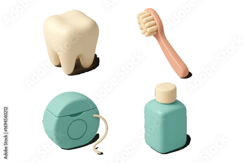 Dental hygiene items including a tooth, toothbrush, dental floss, and mouthwash bottle for oral care