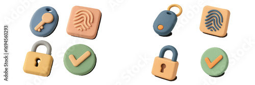 Digital security and access control symbols featuring key, fingerprint, lock, and checkmark for online privacy