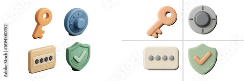 Essential digital security symbols featuring keys, combination locks, password fields, and protection shields