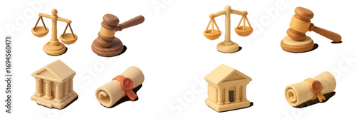 Collection of legal symbols featuring scales of justice, judge's gavel, courthouse building, and diploma scroll in a clean style