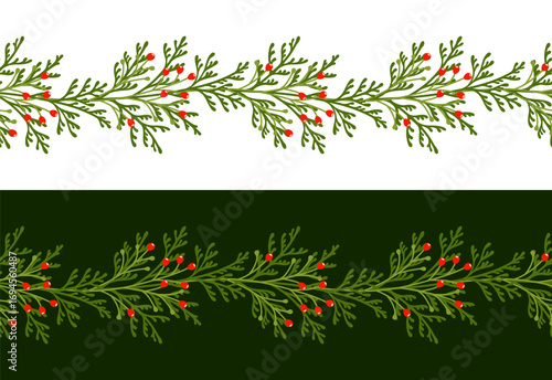 Christmas border with fir tree branches and berries. Seamless pattern with winter plants. Elegant vector holiday decor
