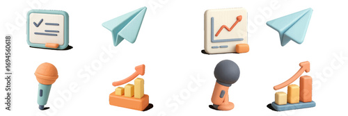 Business communication and data analysis concepts featuring checklist, paper plane, microphone, and growth charts