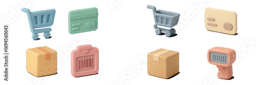 Pastel colored e-commerce and delivery symbols featuring shopping carts, credit cards, packages, and barcode scanners