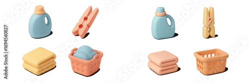 Collection of pastel laundry items including detergent, clothespins, towels, and baskets for household chores