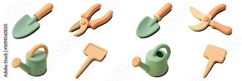 Collection of essential gardening tools including trowels, pruners, watering cans, and plant markers for home garden care