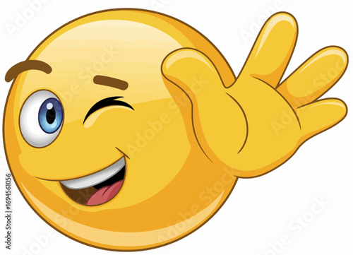 Winking Emoji Face with Open Hand on White Background
