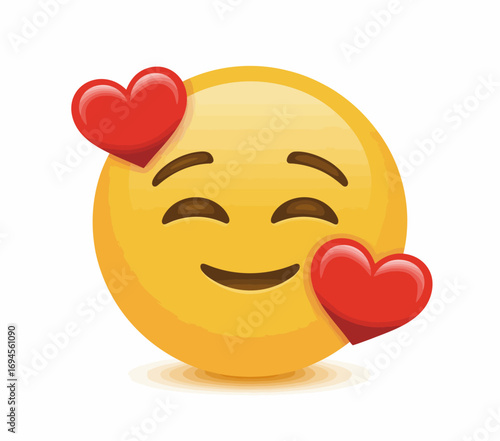 Yellow Emoji Face with Two Red Hearts on White Background