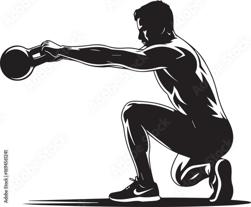 Muscular fitness athlete silhouette performing kettlebell squat exercise dynamic workout pose