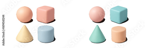 Pastel colored three dimensional geometric shapes including spheres, cubes, cones, and cylinders with soft shadows on a white background