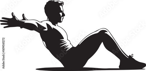 Muscular male fitness athlete silhouette performing abdominal crunches on exercise mat