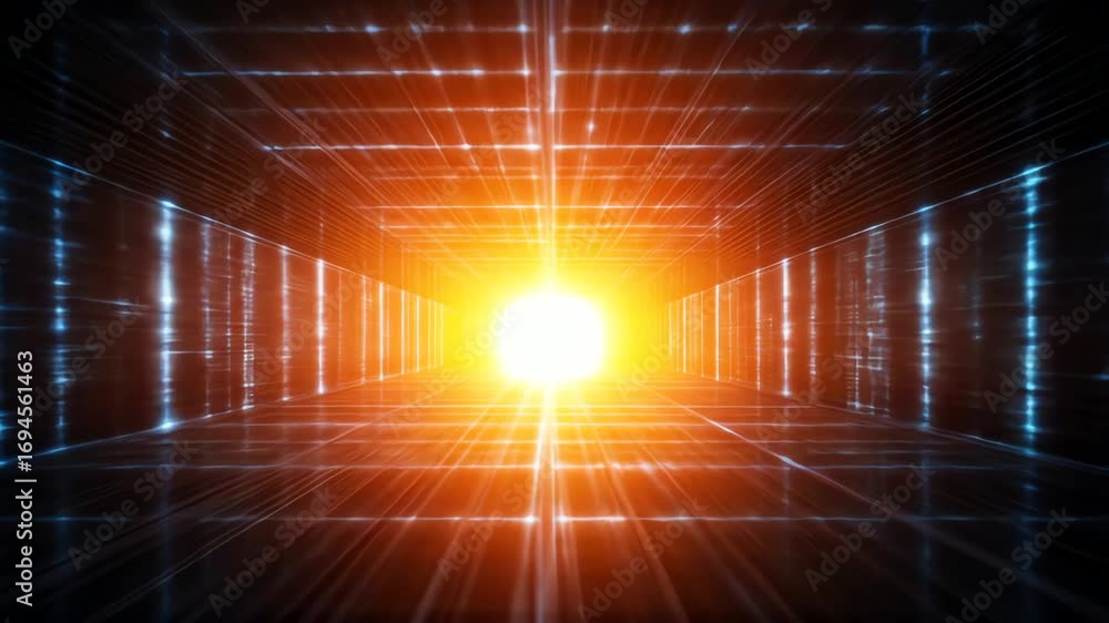 Futuristic corridor with luminous panels and radiant light beam in a dark, grid-patterned tunnel with a sense of technological advancement.