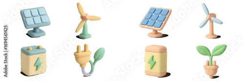 Renewable energy sources with solar panels, wind turbines, batteries, and eco-friendly electric plugs