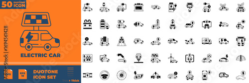 Electric Car Duotone Icon Set.