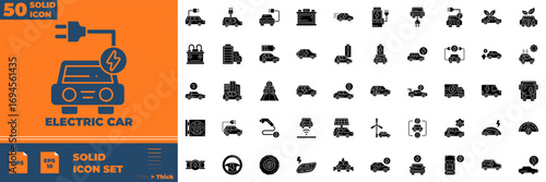 Electric Car Solid Icon Set.