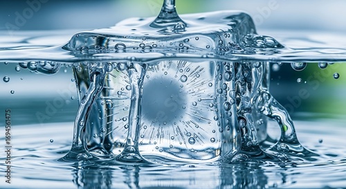 A close-up view of an ice cube submerged in water, showcasing intricate details of the ice's structure and the surrounding water's movement and air bubbles.