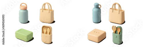 Assortment of pastel-colored reusable water bottles, lunch boxes, and portable cutlery sets for eco-friendly living