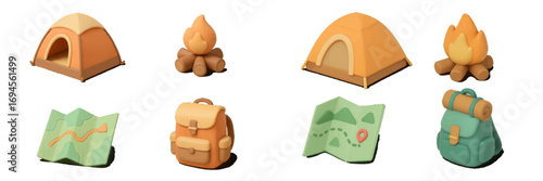 Stylized camping and outdoor adventure equipment set featuring tents, campfires, maps, and backpacks