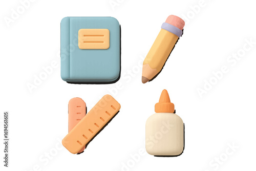 Essential school supplies set featuring a notebook, pencil, ruler, and glue bottle for education and learning