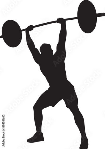 Powerful fitness athlete silhouette lifting heavy barbell overhead in dynamic action pose