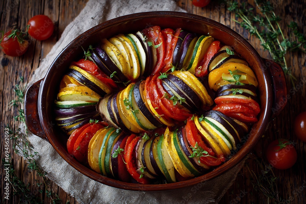 Naklejka premium Classic ratatouille fresh vegetables arranged artistically