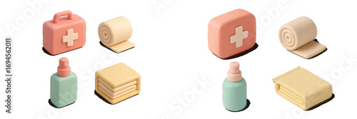 Essential first aid and medical supplies including kit, bandages, spray, and gauze for healthcare and emergency situations