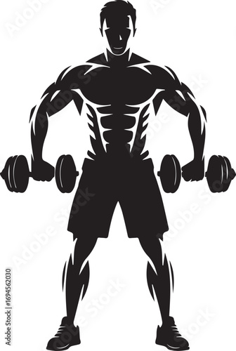 Muscular fitness athlete silhouette performing dumbbell exercise for strength training