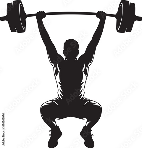 Muscular fitness athlete silhouette lifting heavy barbell overhead in intense workout