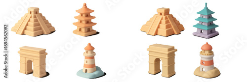 Collection of famous world landmarks and travel destinations in a stylized design