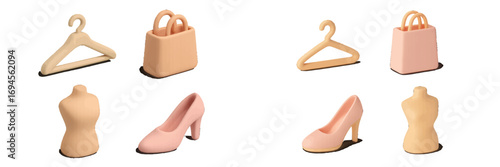Stylized pastel fashion accessories and retail items including hangers, shopping bags, high heels, and mannequins for modern retail and clothing concepts