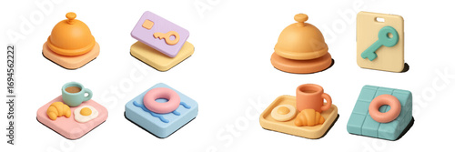 Modern stylized hospitality and travel symbols for hotel services, room key, breakfast, and leisure
